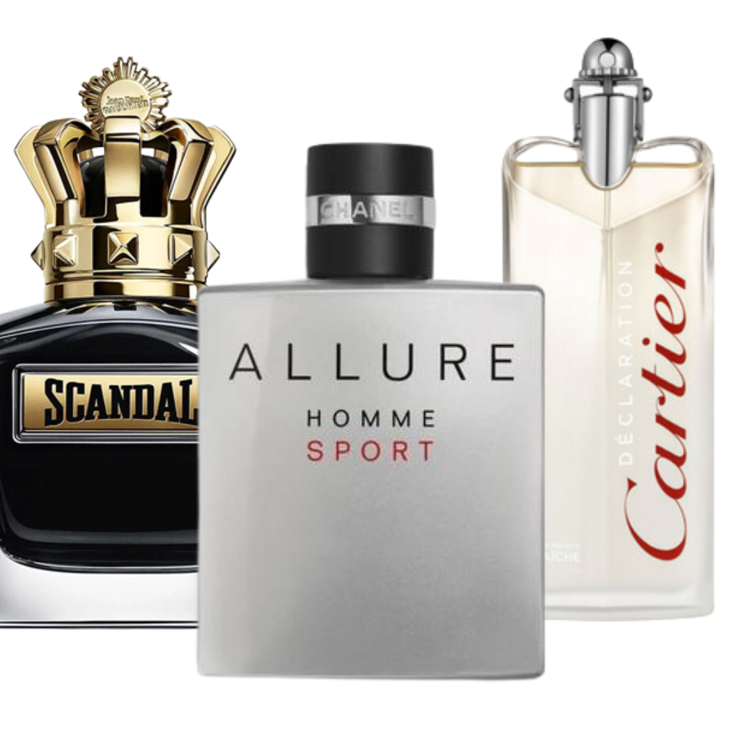 PACK DE 3 PARFUMS : ALLURE HOMME SPORT, JEAN PAUL GAULTIER SCANDAL, CARTIER DÉCLARATION – EAU DE PARFUM